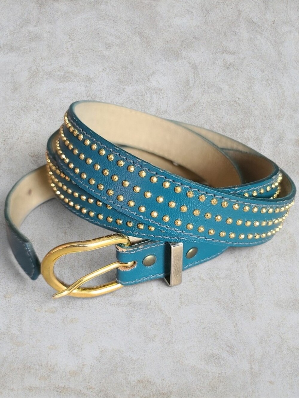 Vintage Emmanuel Teal Blue Leather Gold Studded Belt Fits S-M